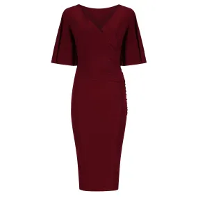 Burgundy Wine Red Butterfly Sleeve Slinky Pencil Cocktail Dress