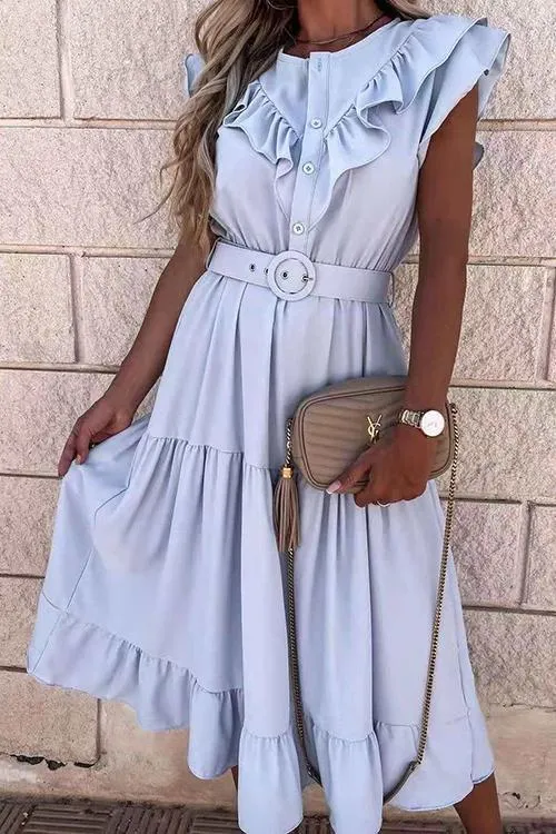 Button Layer Ruffles Maxi Dress