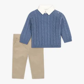 Cable Sweater, Shirt & Woven Pant Set