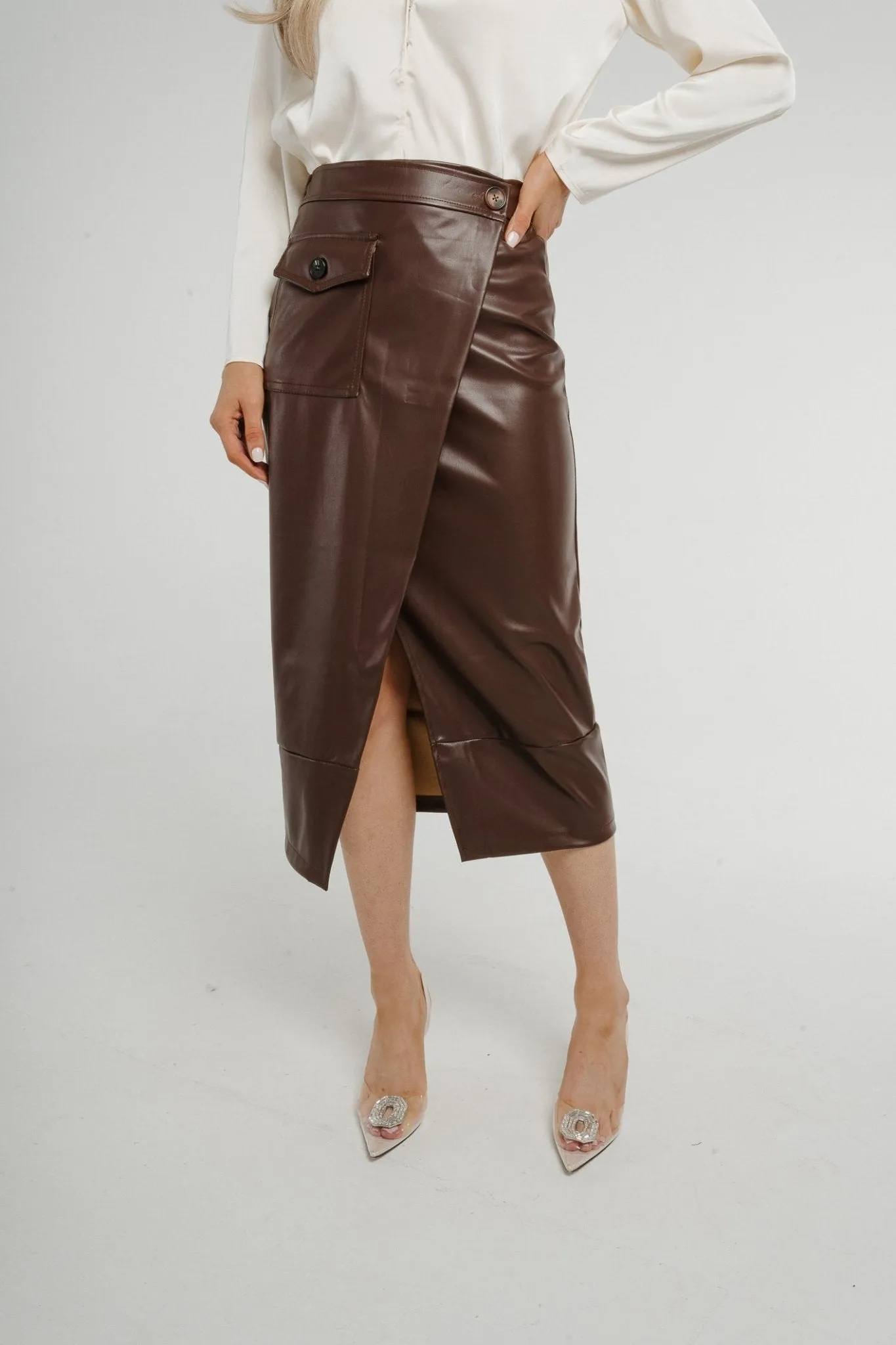 Caitlyn Wrap Faux Leather Midi Skirt Chocolate