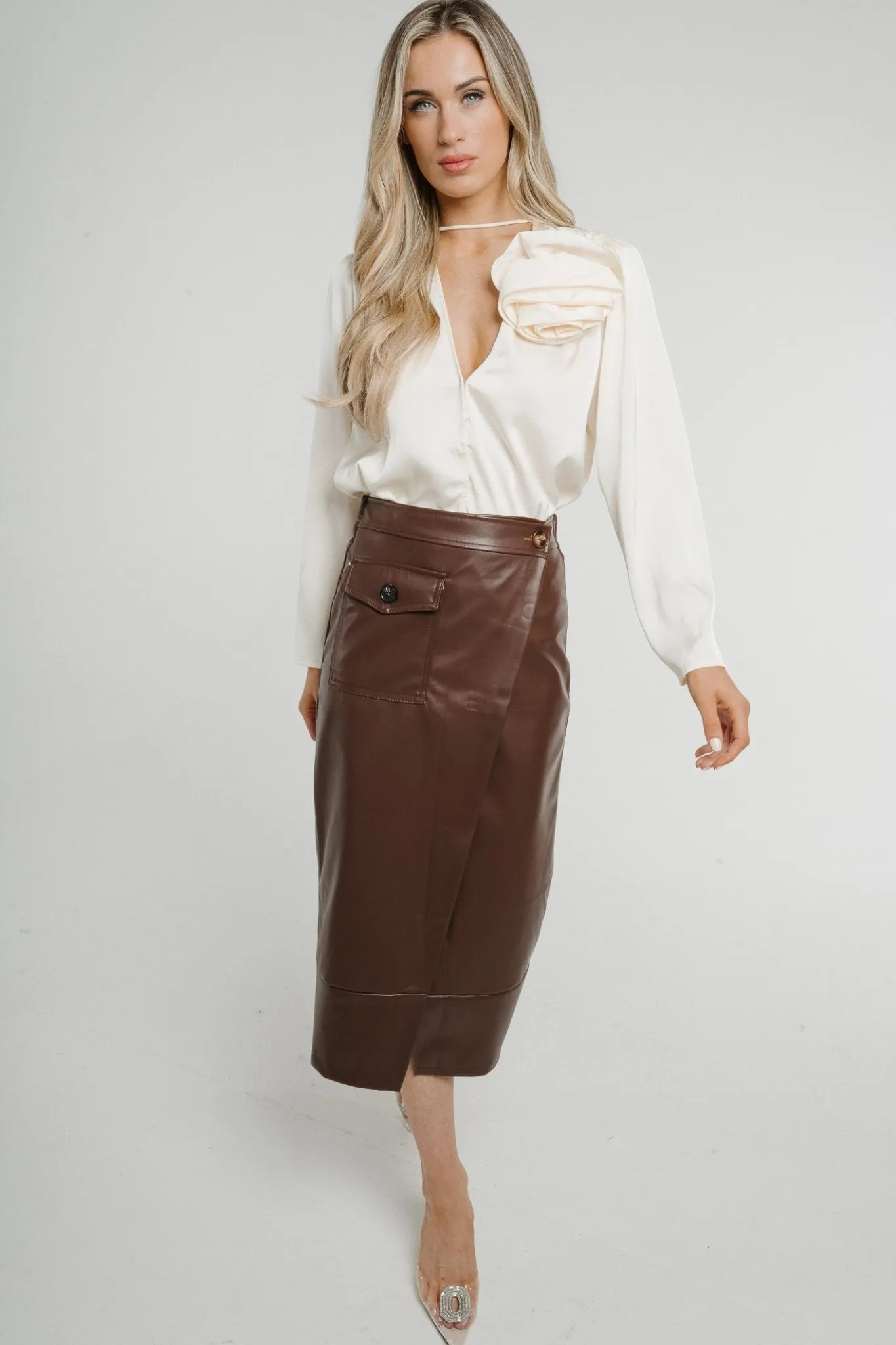 Caitlyn Wrap Faux Leather Midi Skirt Chocolate