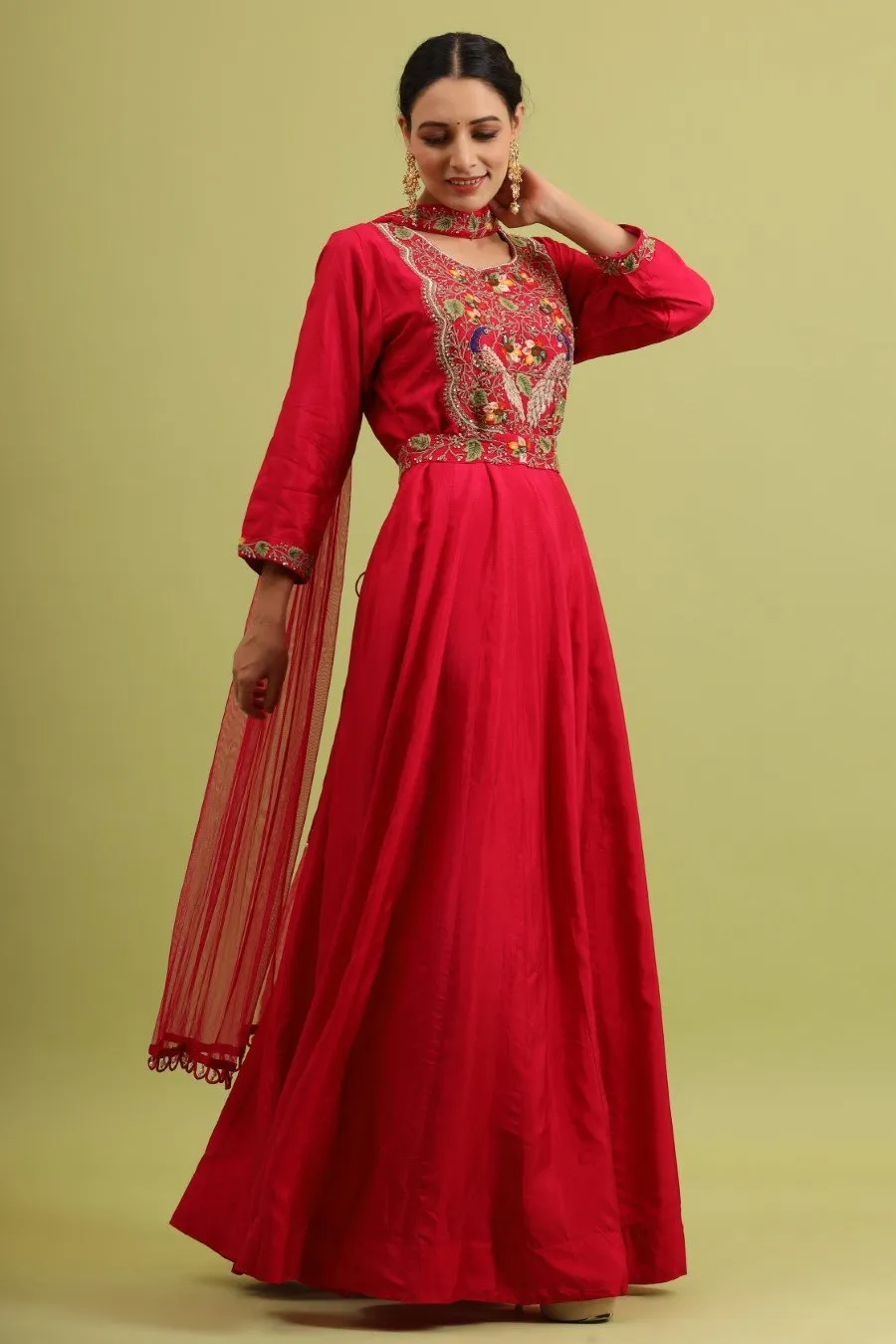 Cerise Pink Kashmiri Silk Embroidered Anarkali with Dupatta