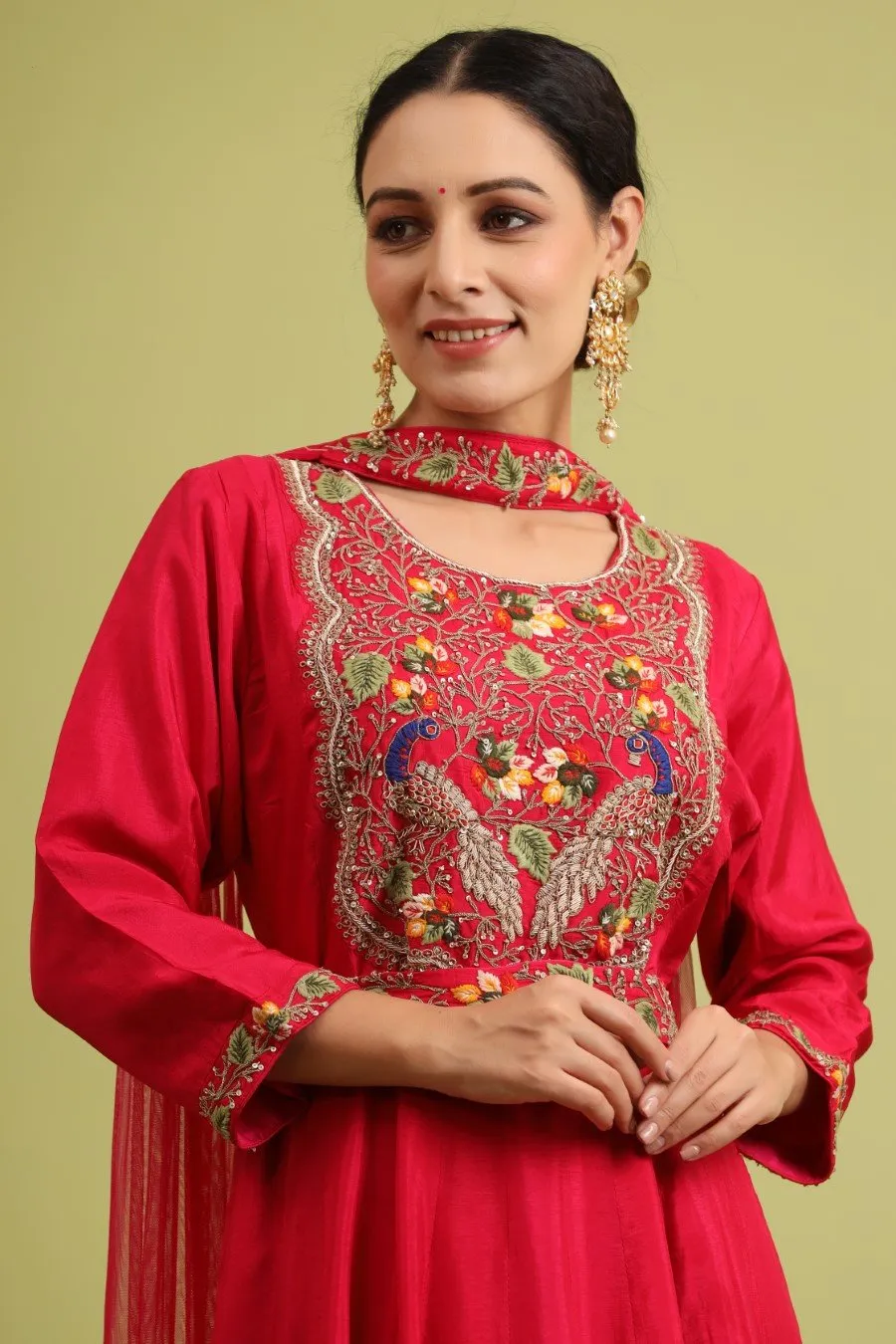 Cerise Pink Kashmiri Silk Embroidered Anarkali with Dupatta