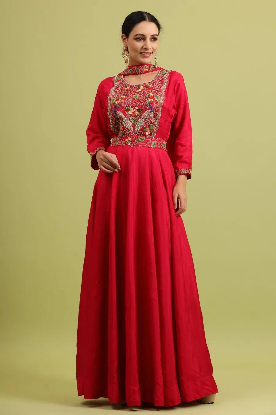 Cerise Pink Kashmiri Silk Embroidered Anarkali with Dupatta