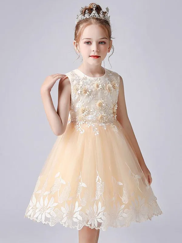 Champagne Color Flower Girl Dresses Sleeveless Short Princess Lace Flowers Formal Kids Dresses