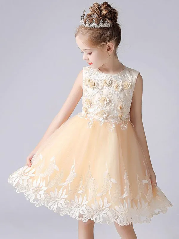 Champagne Color Flower Girl Dresses Sleeveless Short Princess Lace Flowers Formal Kids Dresses