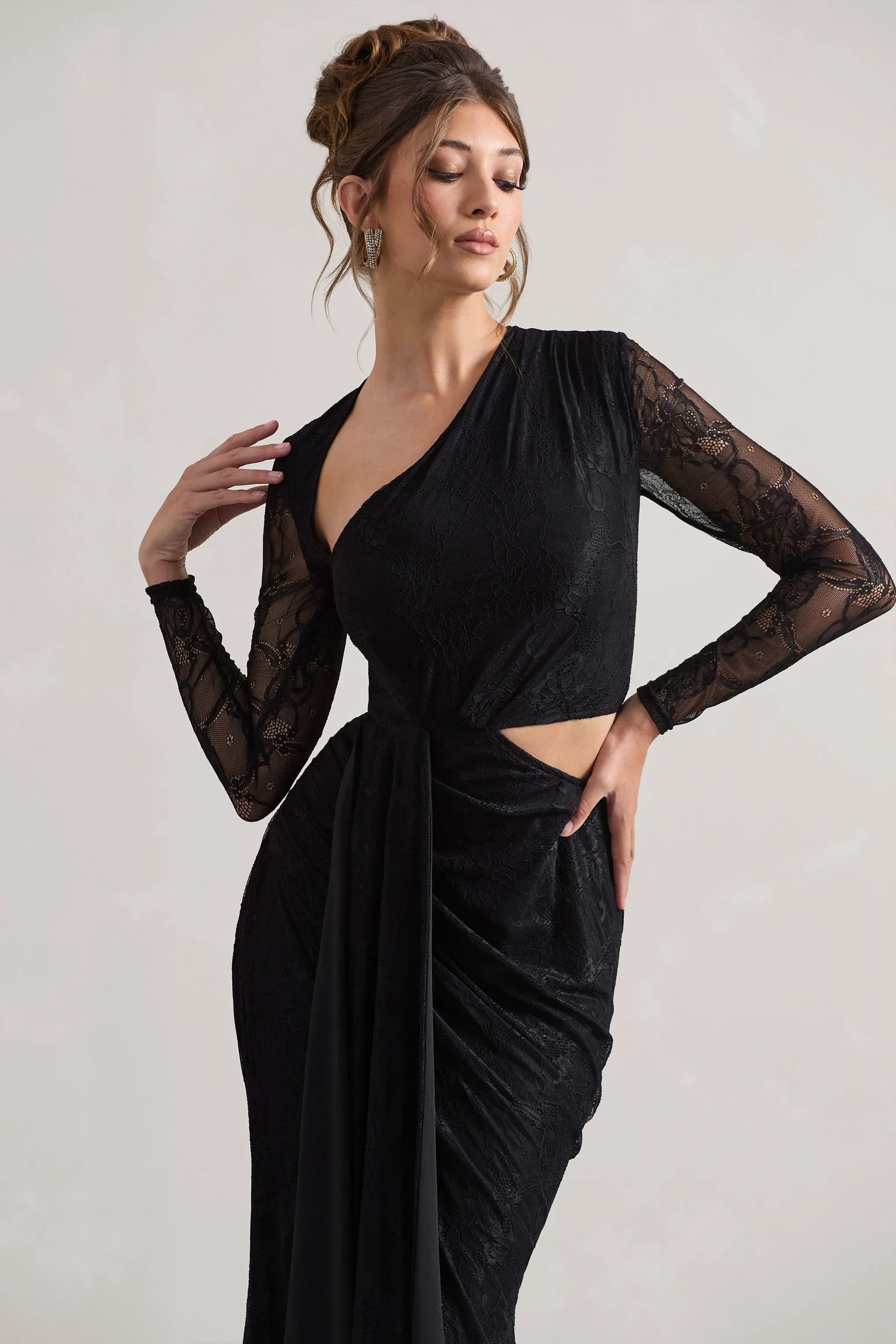 Chantilly | Black Lace Asymmetric Cut-Out Draped Maxi Dress