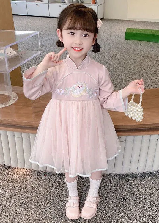 Chinese Style Pink Stand Collar Tulle Patchwork Girls Dresses Long Sleeve XZ018