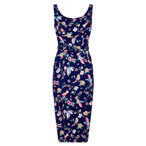 Collectif Navy Blue Bird Print Pencil Dress