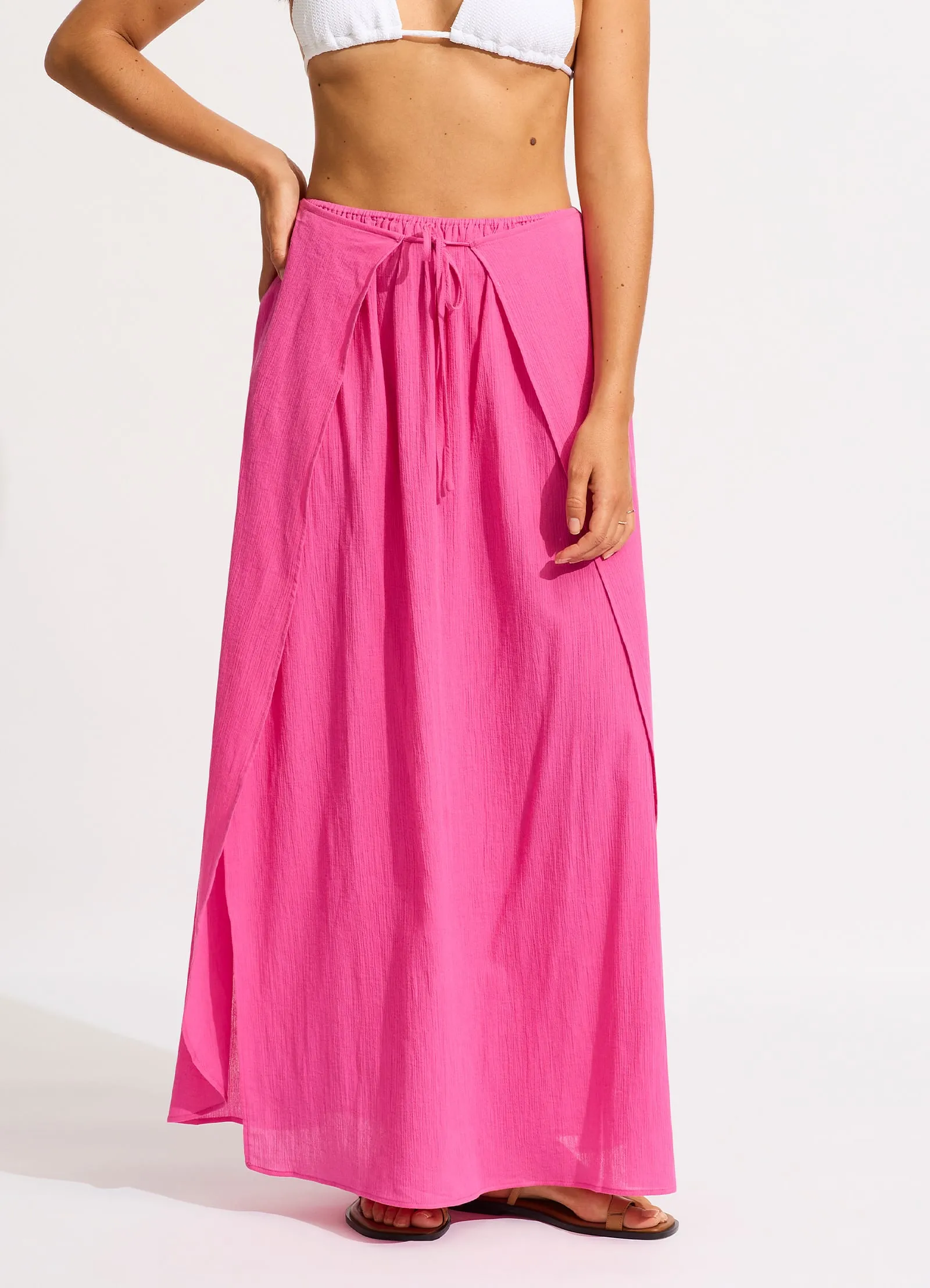 Crinkle Wrap Maxi Skirt - Hot Pink