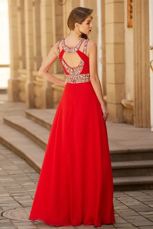 Elegant Crystal Crimson Halter Neck Prom Gown with Bold Side Split