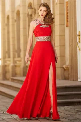 Elegant Crystal Crimson Halter Neck Prom Gown with Bold Side Split