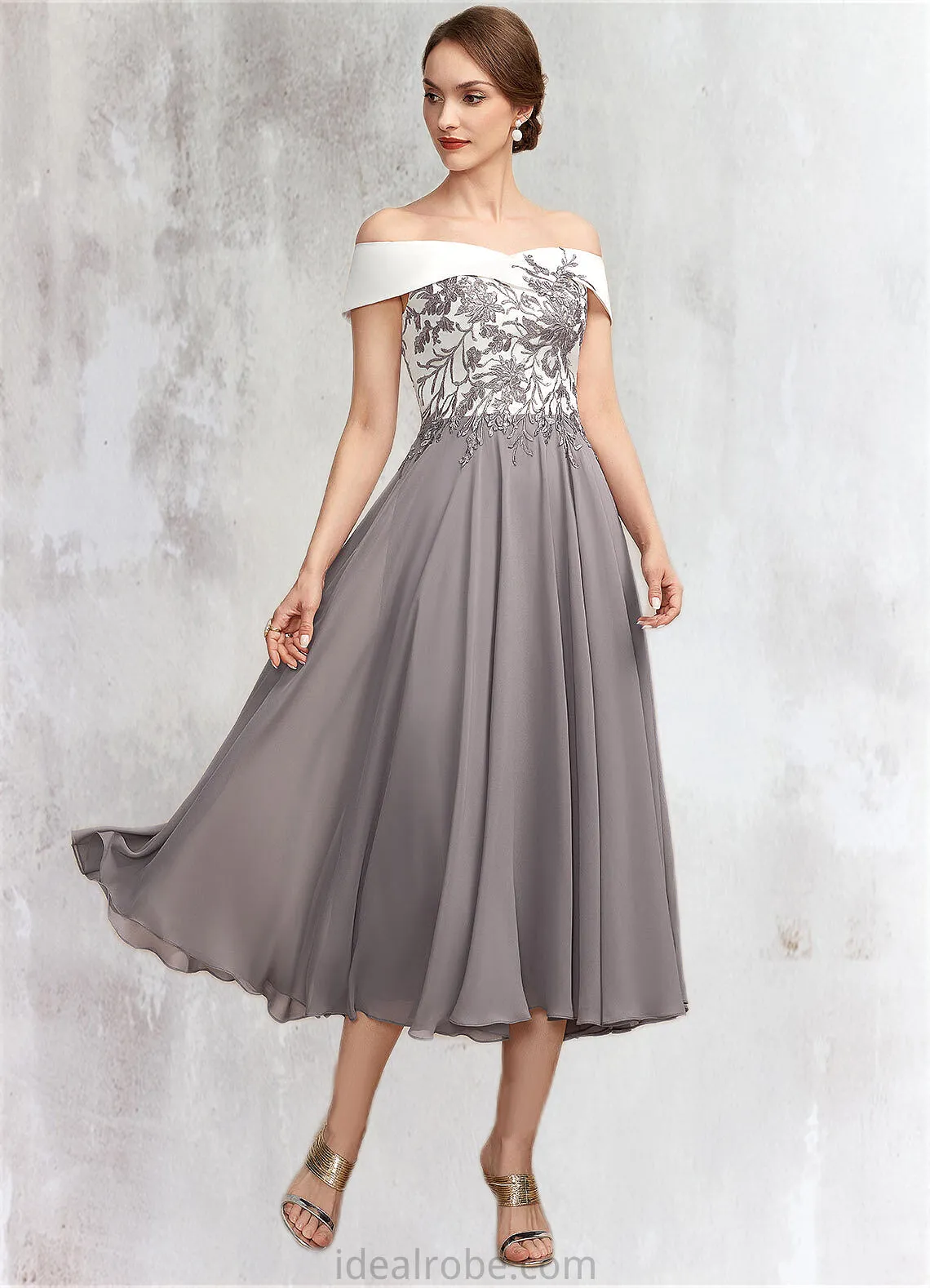 Deborah A-Line Off-the-Shoulder Tea-Length Chiffon Lace Mother of the Bride Dress STK126P0014680