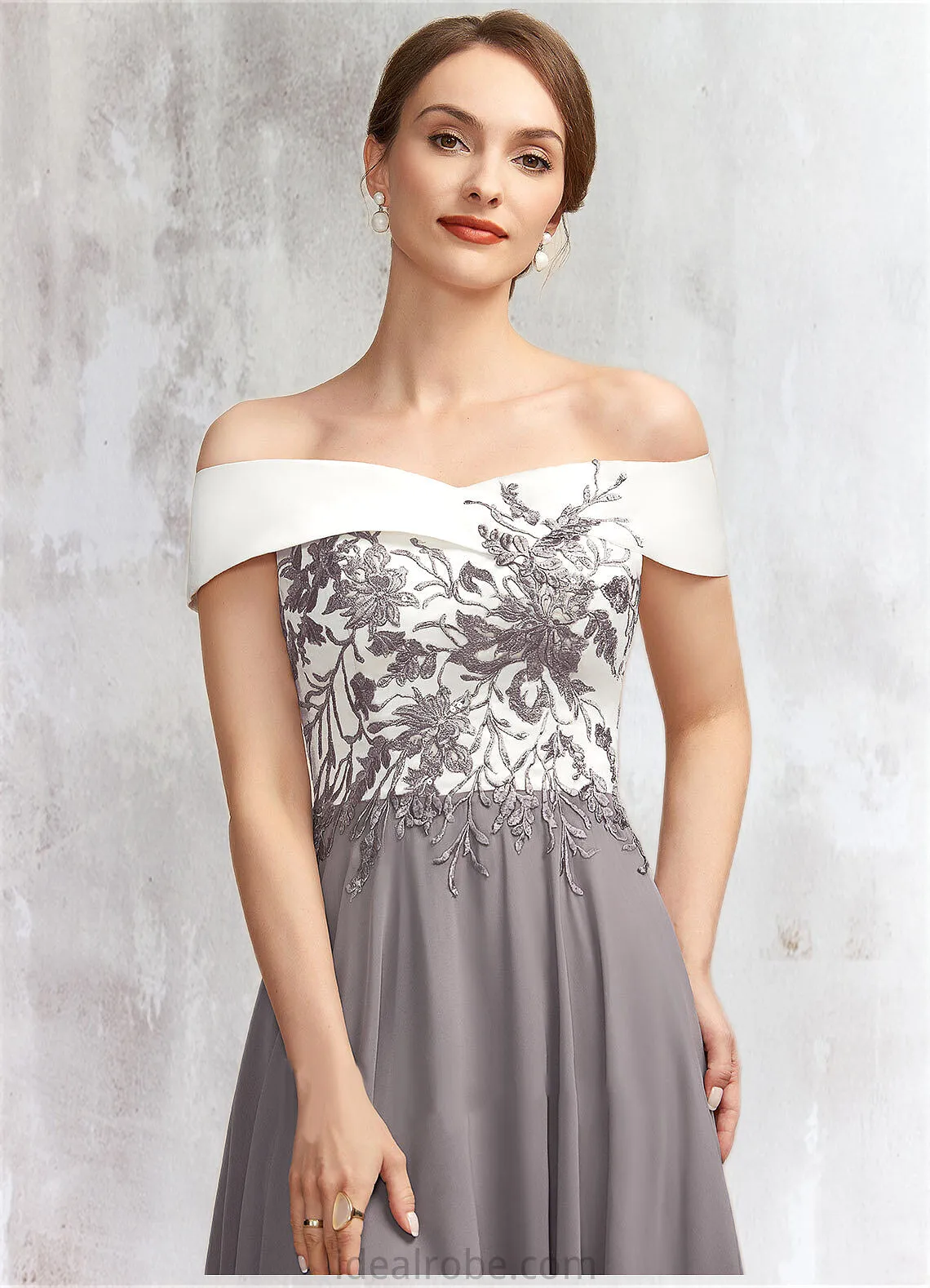 Deborah A-Line Off-the-Shoulder Tea-Length Chiffon Lace Mother of the Bride Dress STK126P0014680