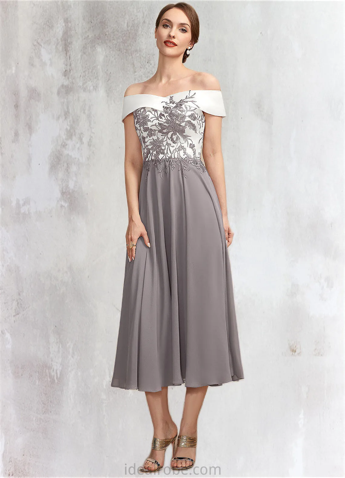 Deborah A-Line Off-the-Shoulder Tea-Length Chiffon Lace Mother of the Bride Dress STK126P0014680