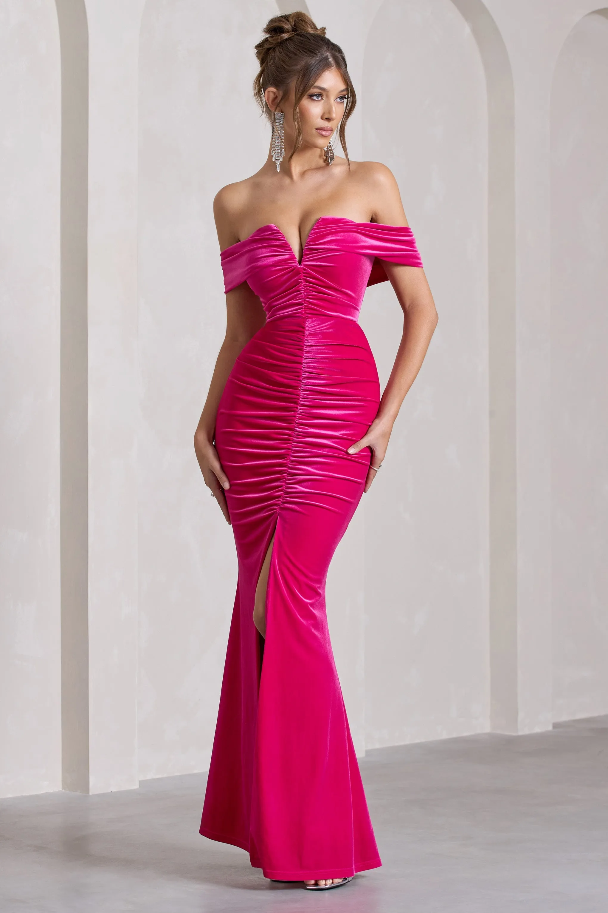 Divinity | Dark Pink Ruched Velvet Bardot Split Maxi Dress