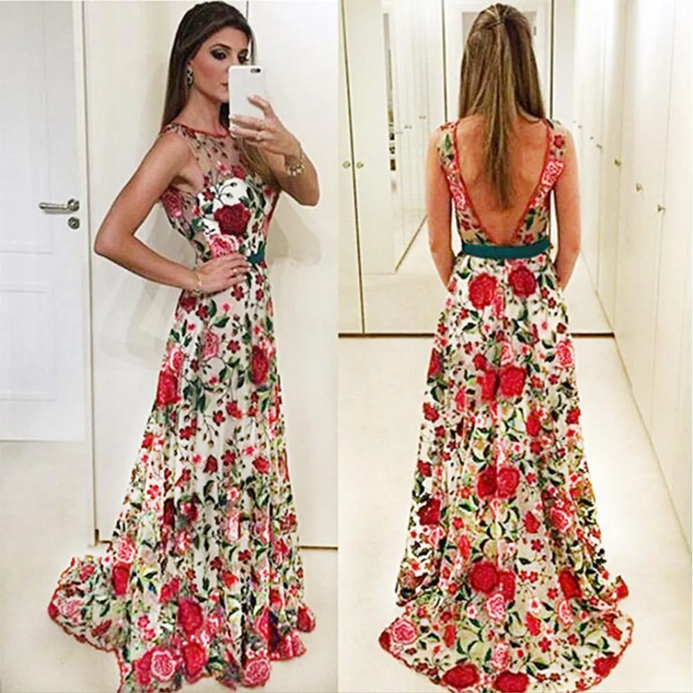 Elegant A line Red Floral Straps Backless Prom Dresses Long Formal Dresses