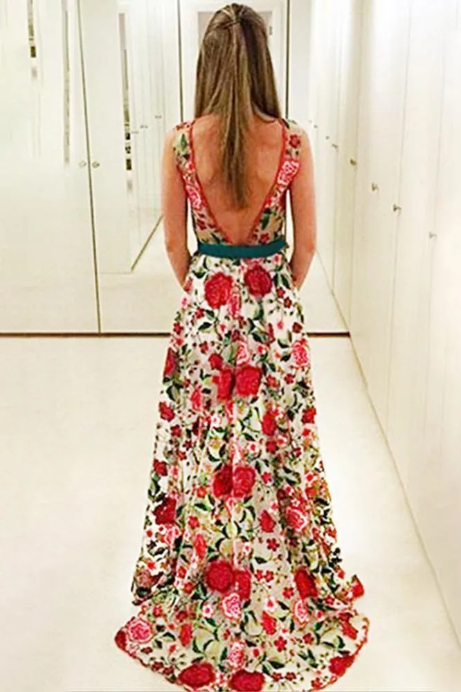 Elegant A line Red Floral Straps Backless Prom Dresses Long Formal Dresses