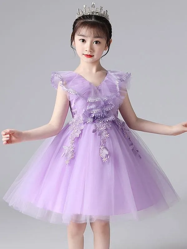 Elegant Purple Flower Girl Dresses V-Neck Sleeveless Tulle Lace Kids Party Dresses