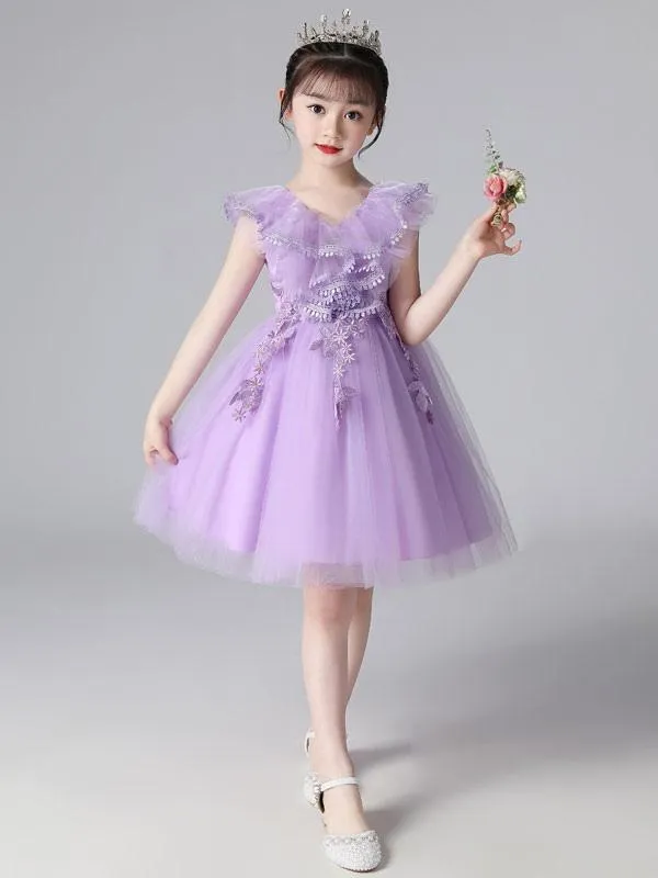 Elegant Purple Flower Girl Dresses V-Neck Sleeveless Tulle Lace Kids Party Dresses