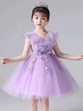 Elegant Purple Flower Girl Dresses V-Neck Sleeveless Tulle Lace Kids Party Dresses