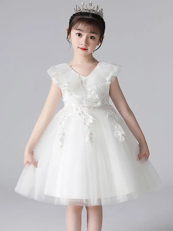 Elegant Purple Flower Girl Dresses V-Neck Sleeveless Tulle Lace Kids Party Dresses