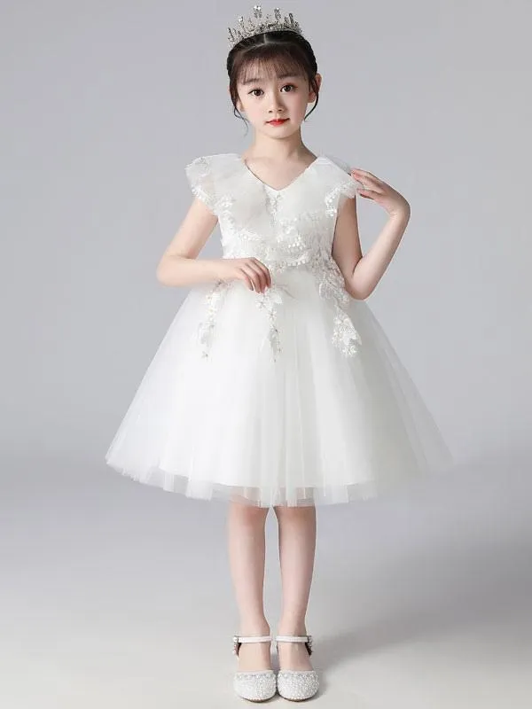 Elegant Purple Flower Girl Dresses V-Neck Sleeveless Tulle Lace Kids Party Dresses