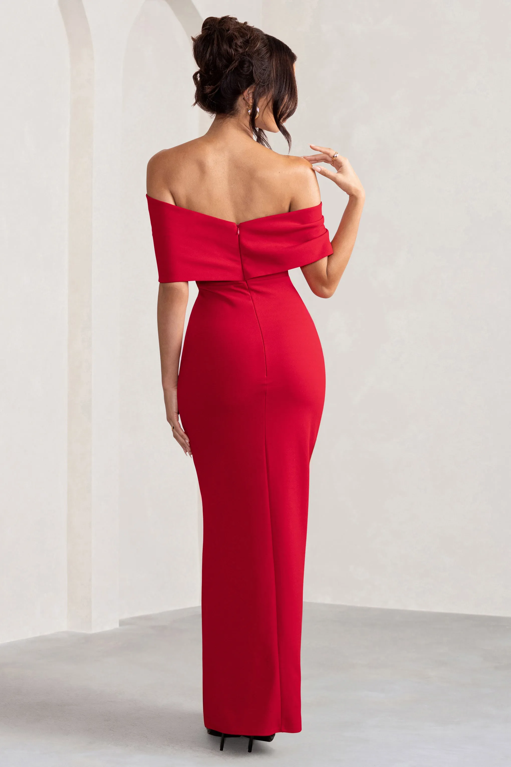 Eva | Red Bardot Bow Detail Maxi Dress With Thigh Split