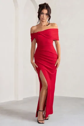 Eva | Red Bardot Bow Detail Maxi Dress With Thigh Split