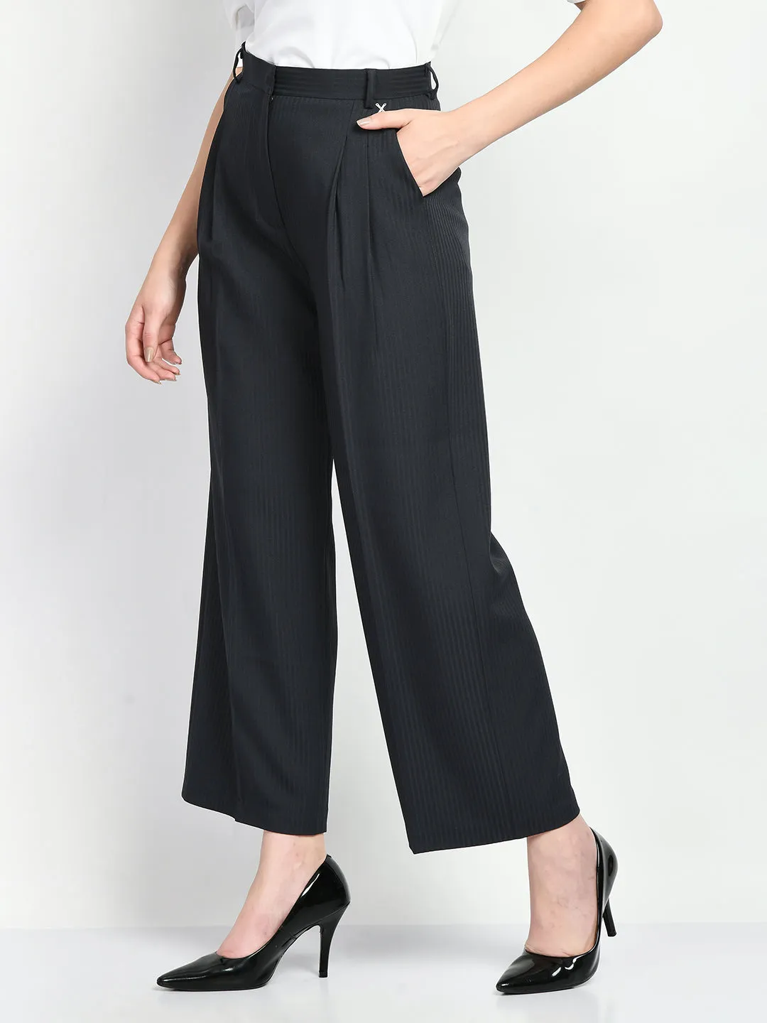 Exude Prowess Striped Wide Leg Trousers (Navy)