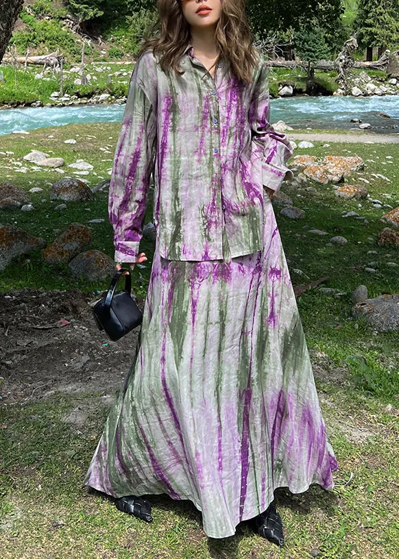 Fitted Purple Peter Pan Collar Tie Dye Shirts And Maxi Skirts Two Piece Set Long Sleeve VB1041