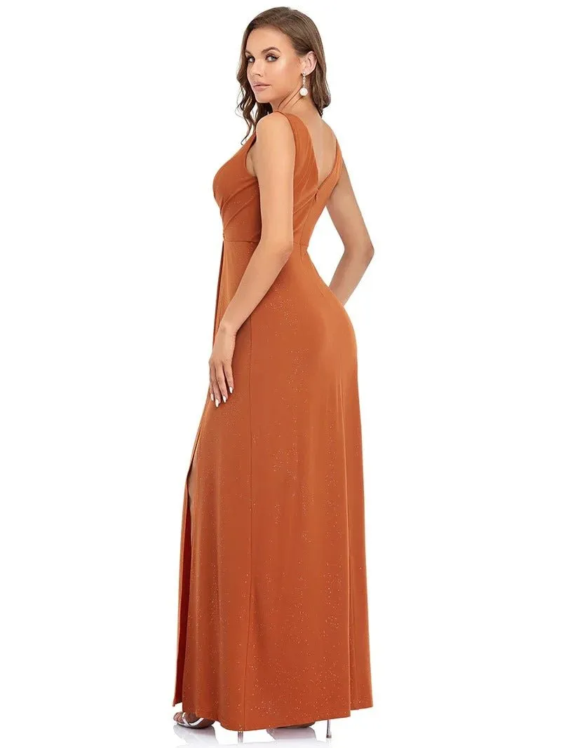 Floor Length V Neck Shimmery Evening Dresses With Side Split