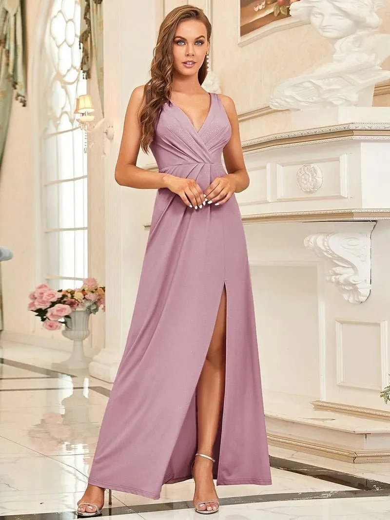 Floor Length V Neck Shimmery Evening Dresses With Side Split