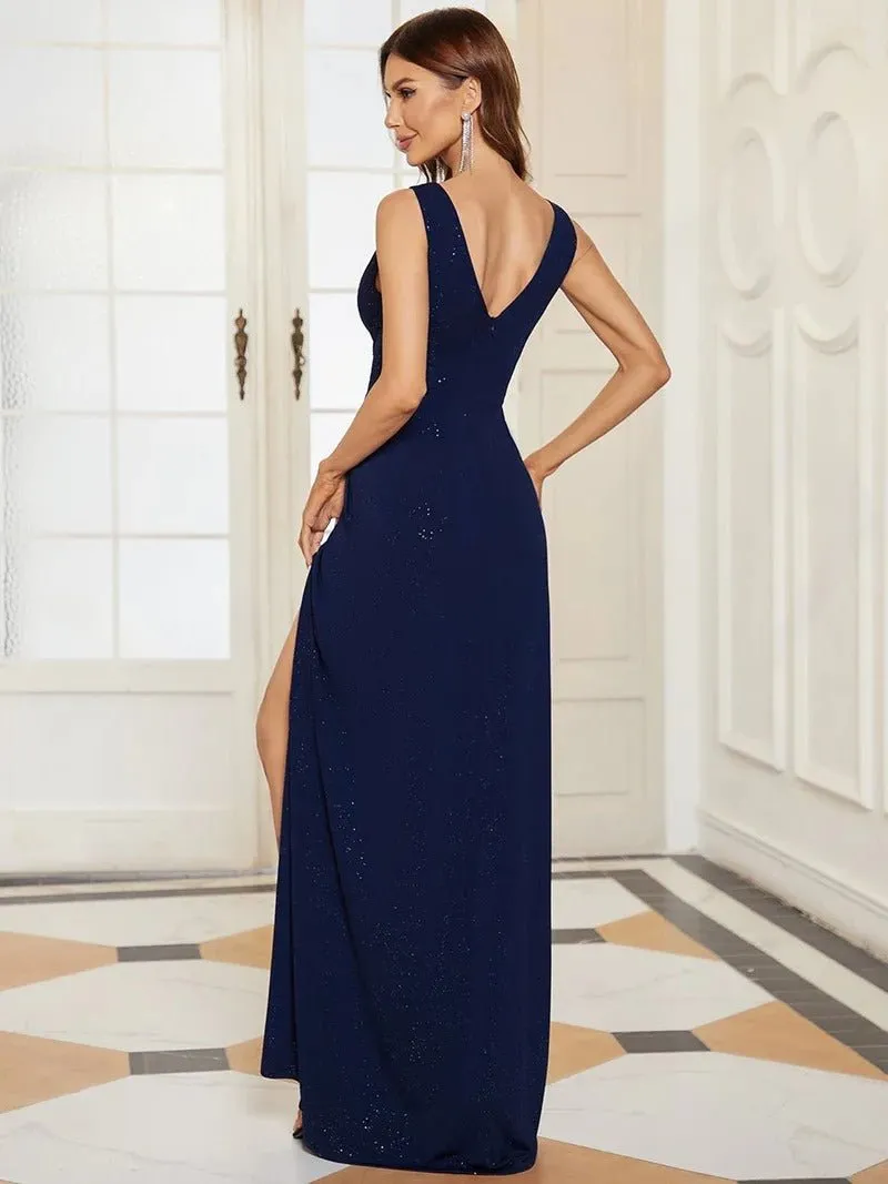 Floor Length V Neck Shimmery Evening Dresses With Side Split