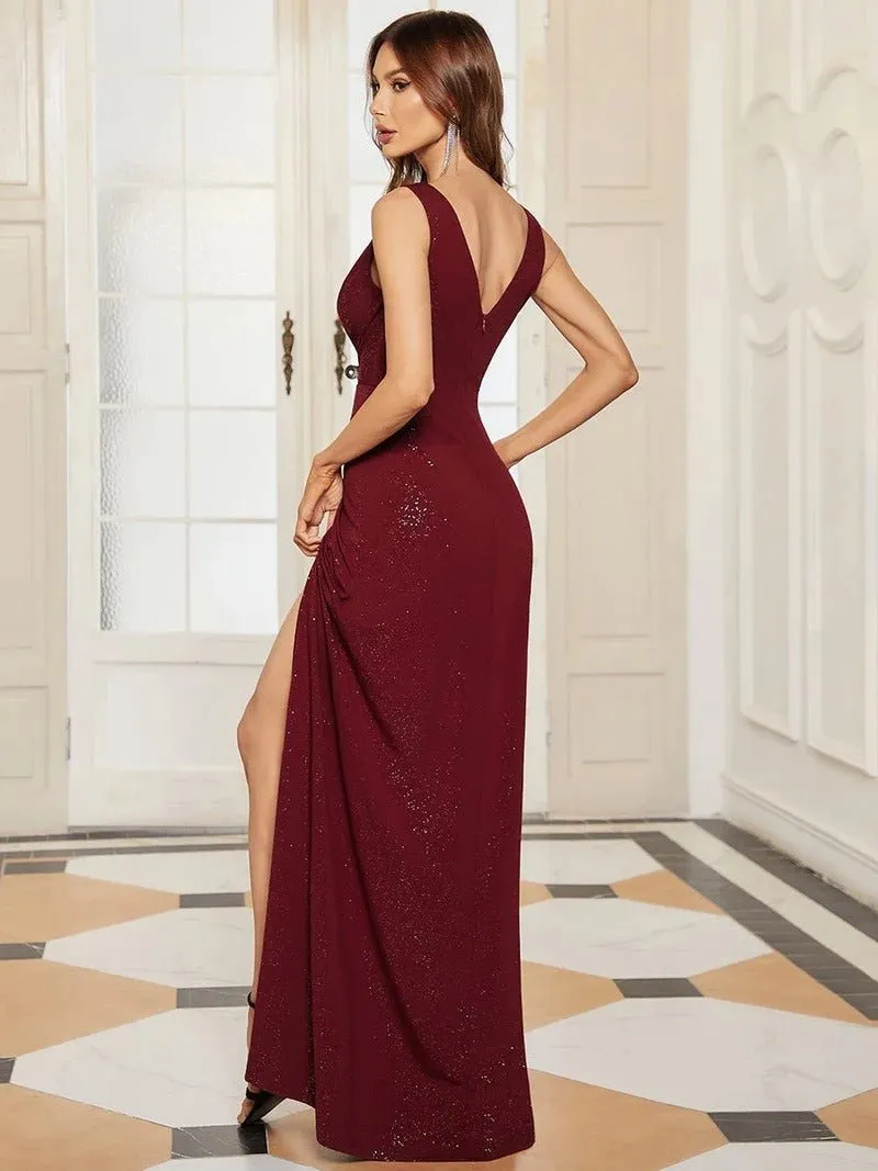 Floor Length V Neck Shimmery Evening Dresses With Side Split