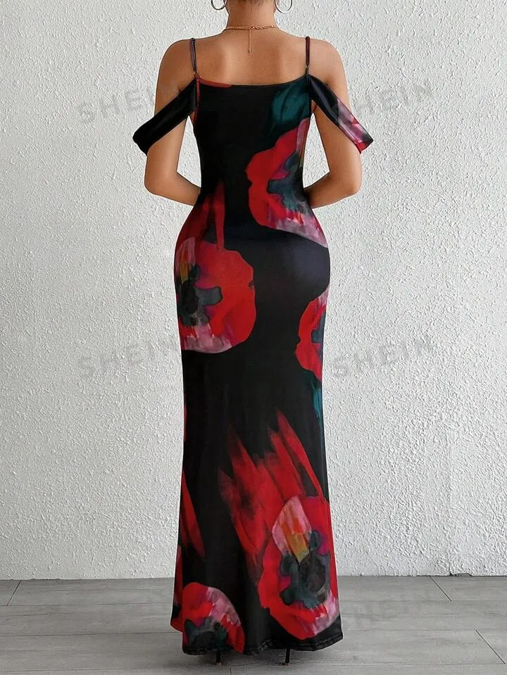 Floral print off shoulder mermaid hem cami dress in multi