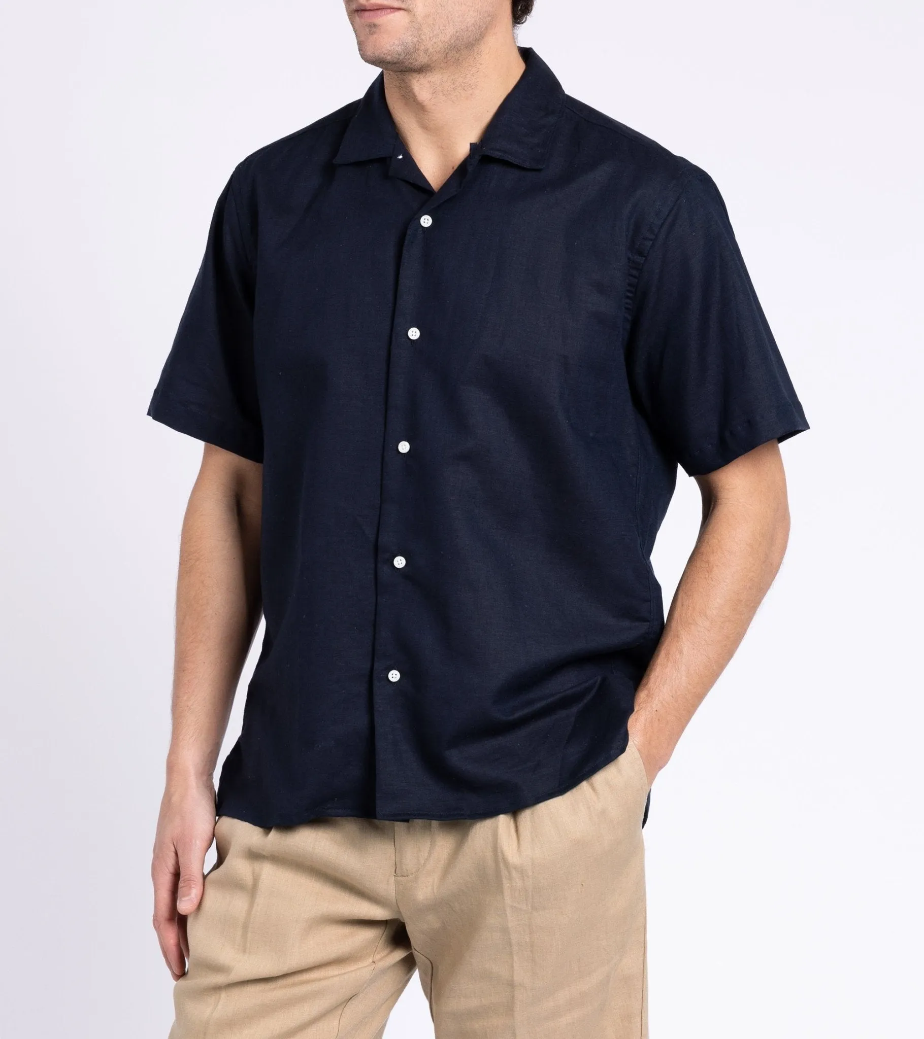 Gitman Vintage Cotton Linen Camp Collar Shirt: Navy