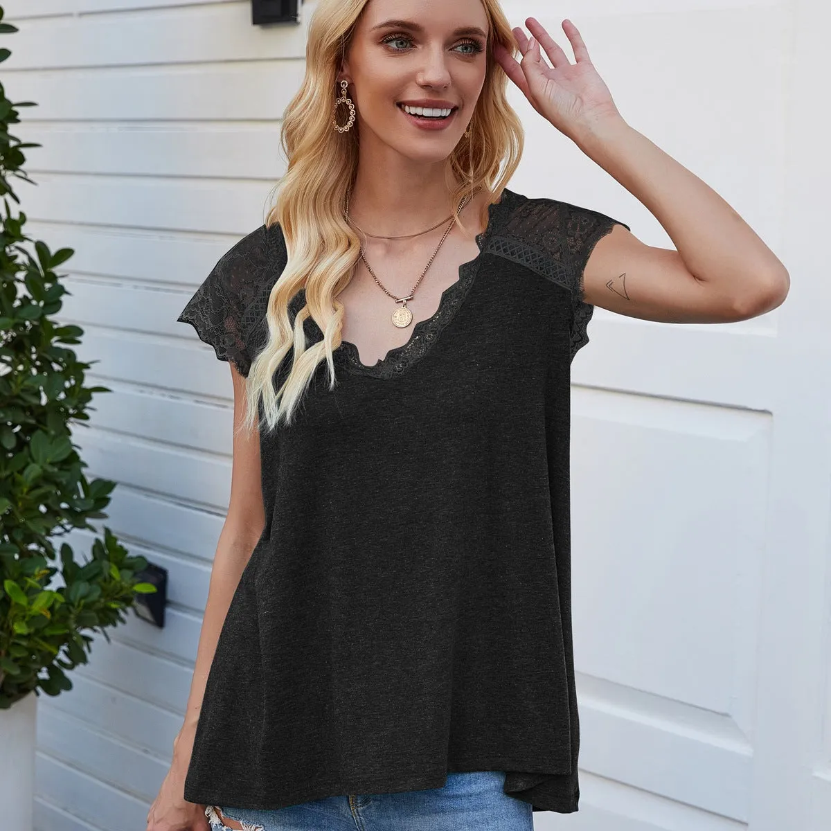 Haute Edition V-Neck Lace Flowy Tee