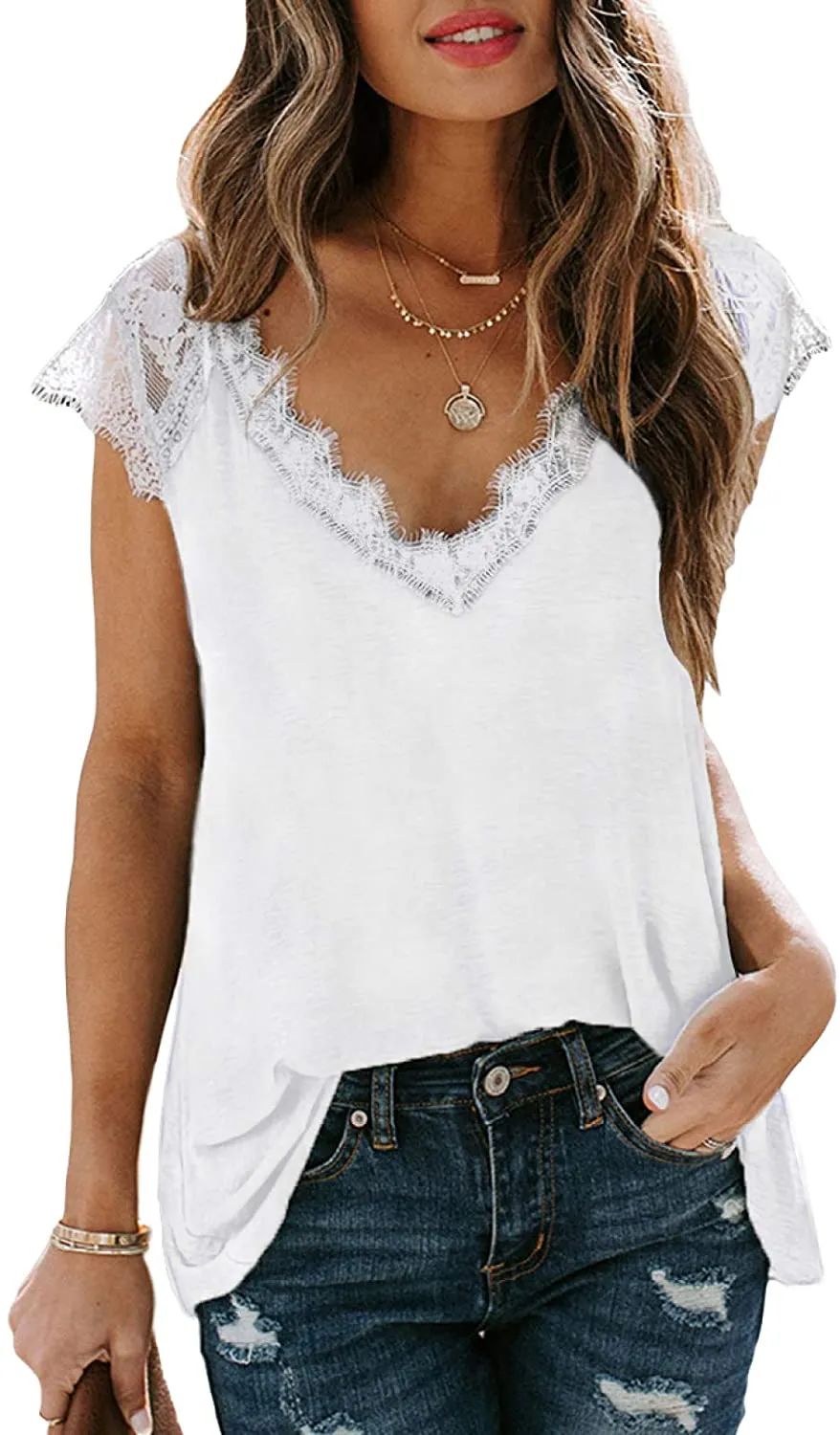 Haute Edition V-Neck Lace Flowy Tee