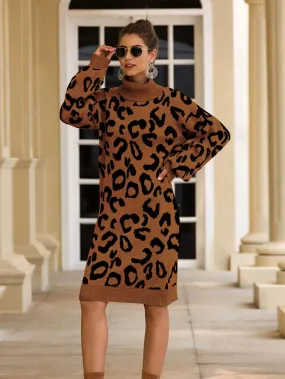 Haute Edition Women's Leopard Print Thick Knit Turtleneck Balloon Sleeve Sweater Dress