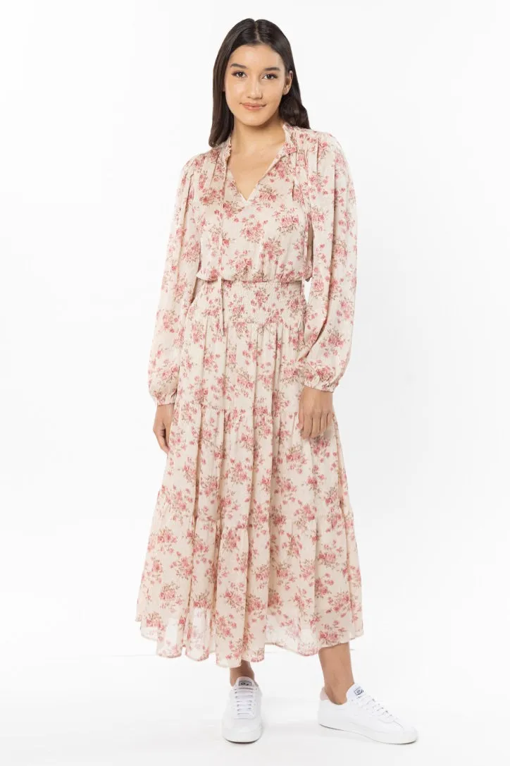 Hopeful Ivory Rose LS Shirred Waist Tiered Maxi Dress