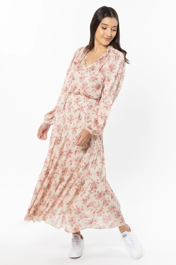 Hopeful Ivory Rose LS Shirred Waist Tiered Maxi Dress