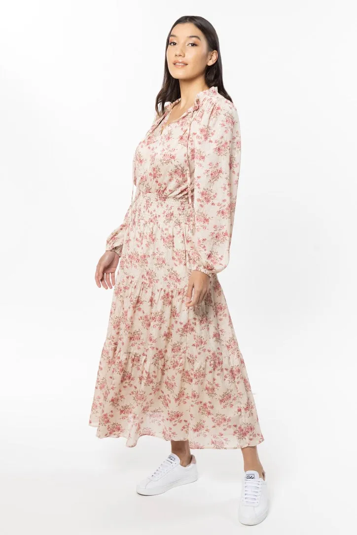 Hopeful Ivory Rose LS Shirred Waist Tiered Maxi Dress