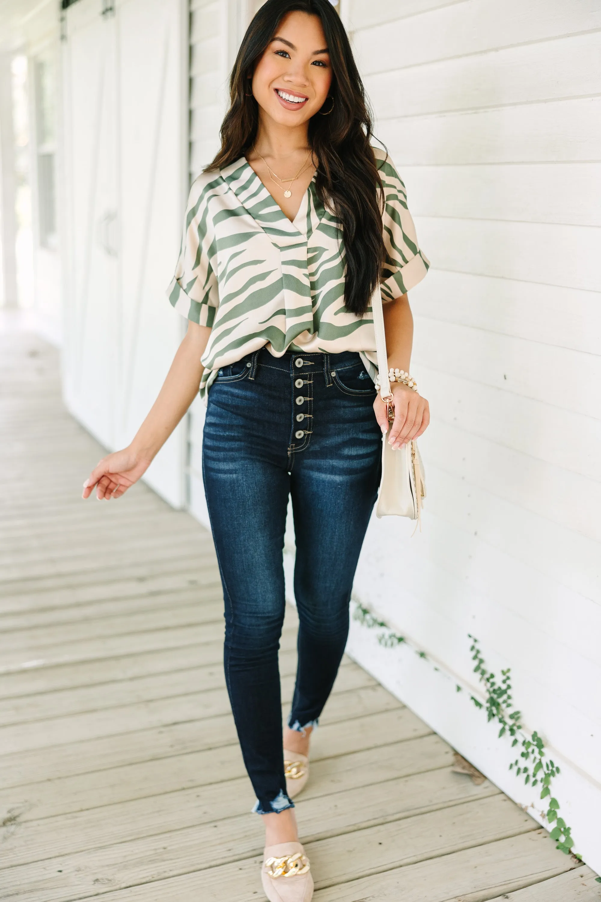 In Your Dreams Olive Green Zebra Blouse