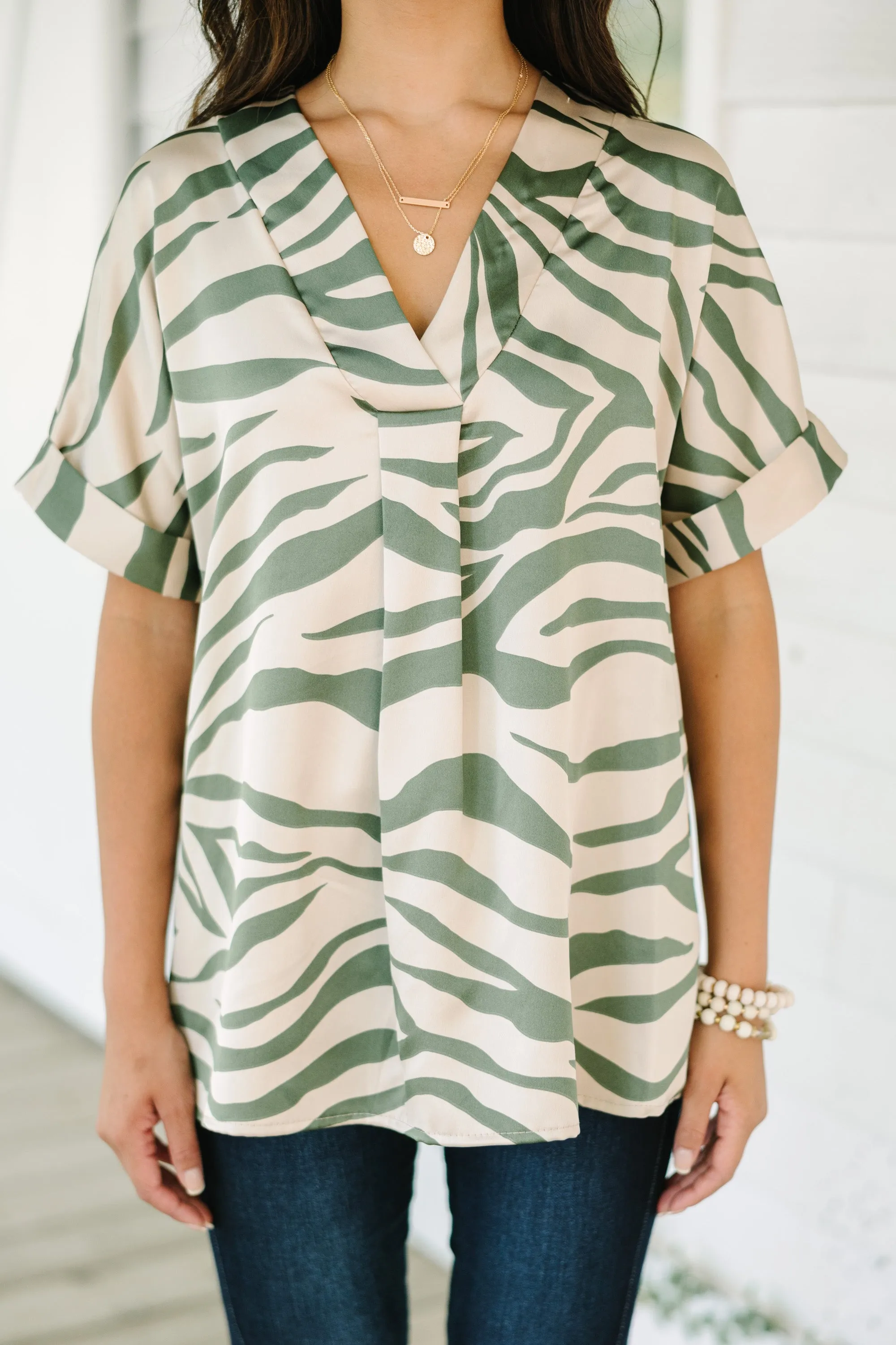 In Your Dreams Olive Green Zebra Blouse