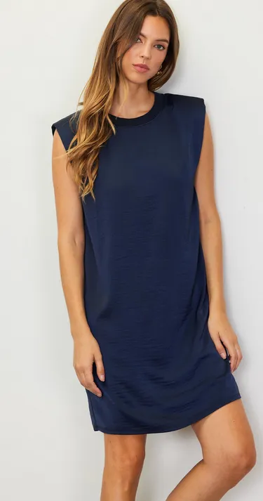 Janelle Satin Muscle Tank Dress in Navy