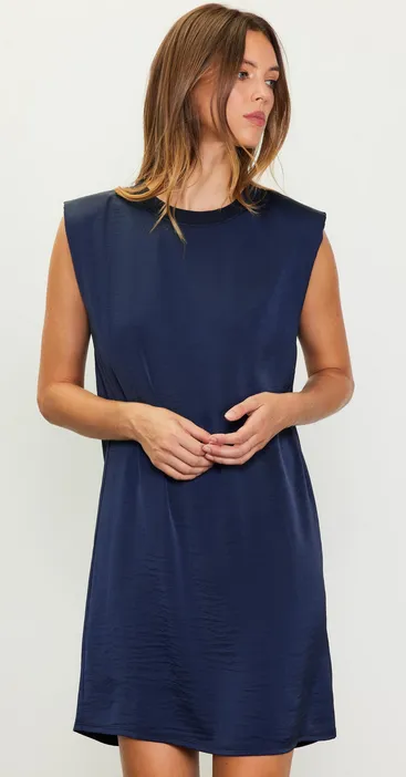 Janelle Satin Muscle Tank Dress in Navy