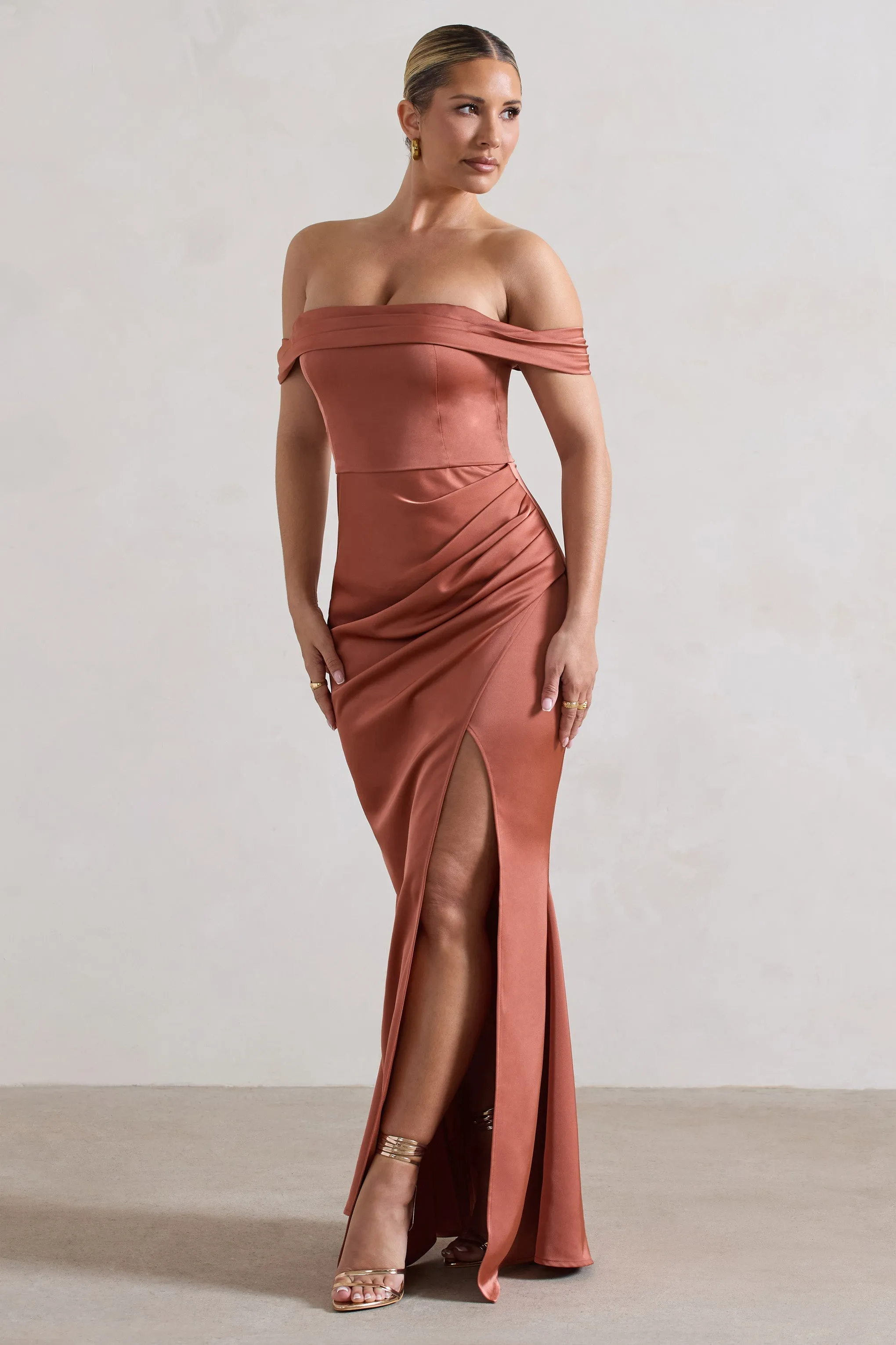 Katia | Rust Satin Bardot Fishtail Maxi Dress