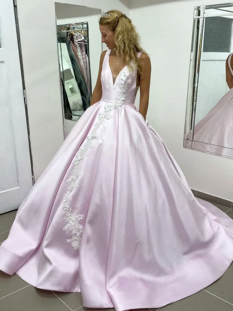 Light Pink Satin V Neck Ball Gown Long Lace Appliques Evening Dresses Prom Dresses