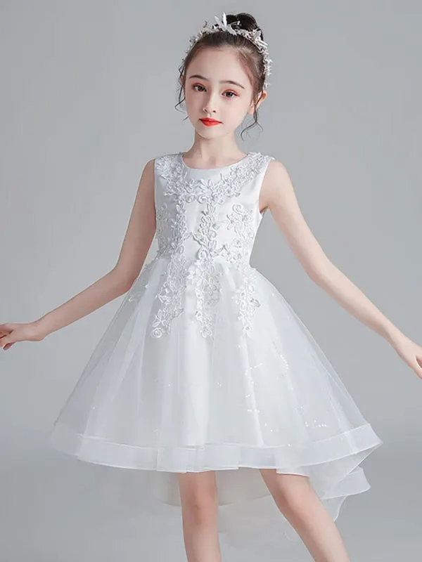 Lovely Pink Lace Tulle Flower Girl Dresses Jewel Neck Sleeveless Embroidered Kids Party Dresses